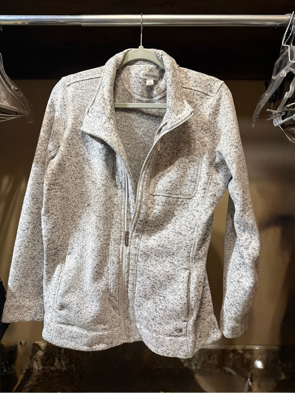 Calvin Klein Women’s Heathered Gray Zip-Front Teddy Jacket